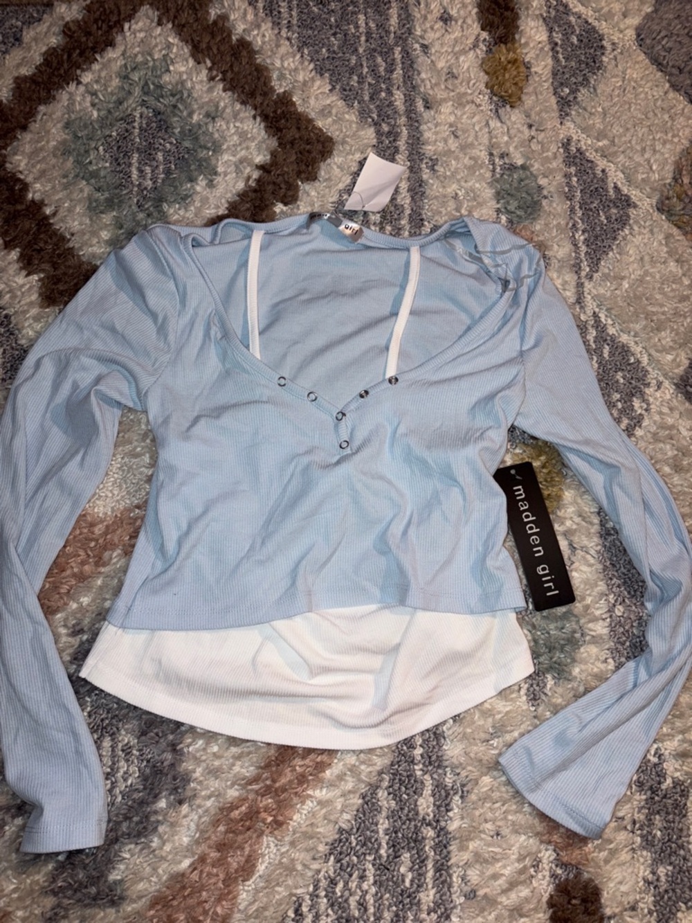 Madden Girl Light Blue & White Layered V‑Neck Long Sleeve Top